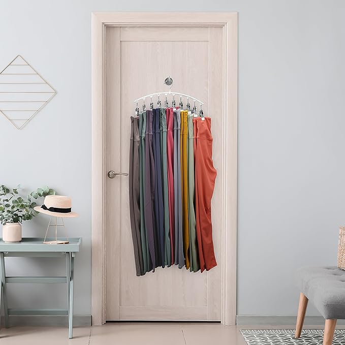 Legging Organizer for Closet, Metal Yoga Pants Hanger w/Rubber Coated 1 Pack w/10 Clips Hold 10 Leggings, Hangers Space Saving Hanging Closet Organizer for Closet Organizers and Storage-White