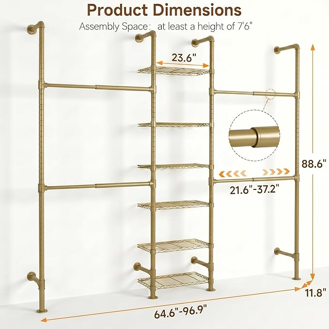 F3 Wall Mounted Closet System, Industrial Pipe Clothing Rack for Hanging Clothes, Heavy Duty Closet Organizer System, Clothes Racks with Shelves & Expandable Rod for Wardrobe, Corner, Gold