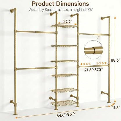 F3 Wall Mounted Closet System, Industrial Pipe Clothing Rack for Hanging Clothes, Heavy Duty Closet Organizer System, Clothes Racks with Shelves & Expandable Rod for Wardrobe, Corner, Gold