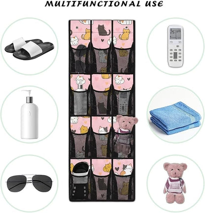 Cute Cat Behind The Door Organizer 12 Pockets Shoe Holder Hanger for Living Room Space Saving Over The Door Shoe Organizer Bathroom Pink Wall Hanging Storage for Closet