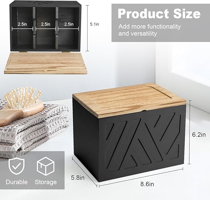 Tampon Holder for Bathroom, Feminine Product Organizer, Pad Organize Case with Lid, Shark Week Wooden Tampon Storage Decor, Lady Girl Stuff Box for Toilet Bathroom Accessories- Black