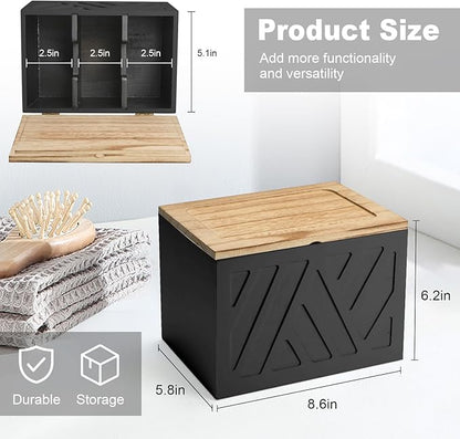 Tampon Holder for Bathroom, Feminine Product Organizer, Pad Organize Case with Lid, Shark Week Wooden Tampon Storage Decor, Lady Girl Stuff Box for Toilet Bathroom Accessories- Black