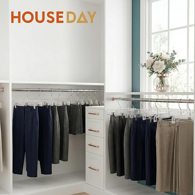 HOUSE DAY 120 Pack Clear Pants Hangers with Clips, Plastic Skirt Hangers for Women, 14 Inch Clip Hanger for Pants, Skirts, Jeans, Shorts, Legging, with 360-degree Swivel Hook, 2 Adjustable Clips