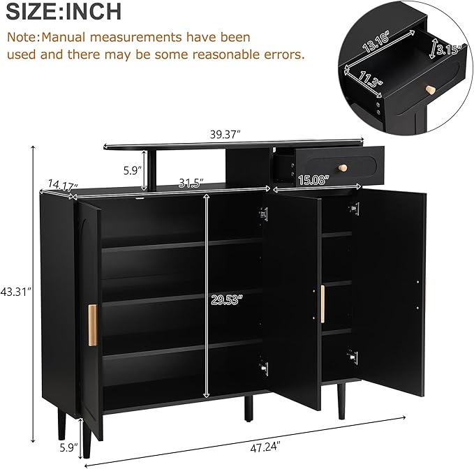 JIVOIT Shoe Cabinet with Adjustable Shelves and Drawer, Cream Style Storage Sideboard with Arched Doors, Solid Wood Legs, Wood Shoe Rack for Entryway, Living Room (Black,164)