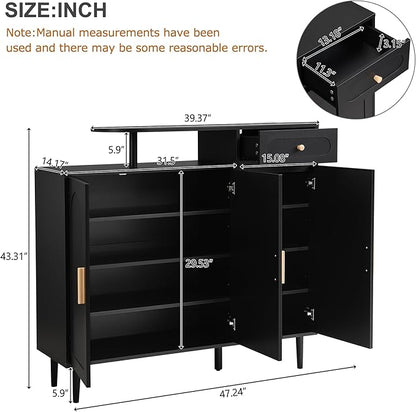 JIVOIT Shoe Cabinet with Adjustable Shelves and Drawer, Cream Style Storage Sideboard with Arched Doors, Solid Wood Legs, Wood Shoe Rack for Entryway, Living Room (Black,164)