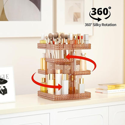 Rotating Makeup Organizer, Large Capacity Cosmetic Display Case, Acrylic Skincare Organizer with Makeup Brush, Makeup Storage Organizer for Dresser Countertop and Bathroom Vanity - Pink