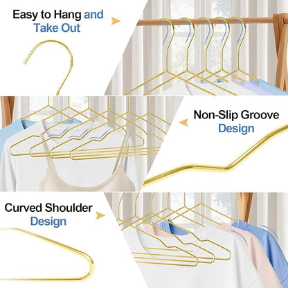 Metal Wire Clothes Hangers Bulk 30 Pack Gold, Heavy Duty Ultra Thin Space Saving Hangers with Non-Slip Notches, for Suits, Coats, Dresses, Shirts, Pants, Closet Organizer