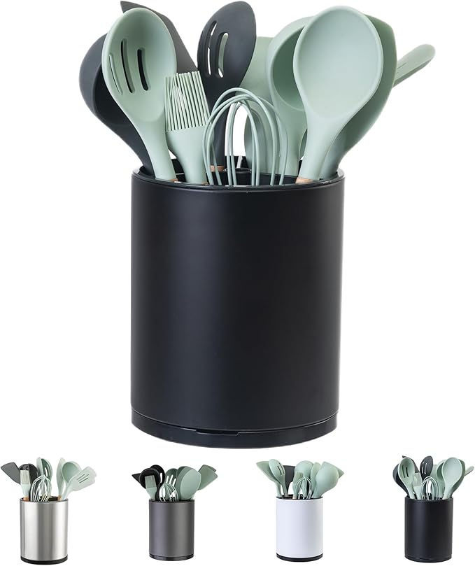 LIBODOUR Kitchen Utensil Holder Extra Large 360°Rotating For Counter Organizer Stainless Steel Storage Cooking Silverware Caddy 3 Compartment Flatware Spoon Spatula Tool Cutlery Container（Black）