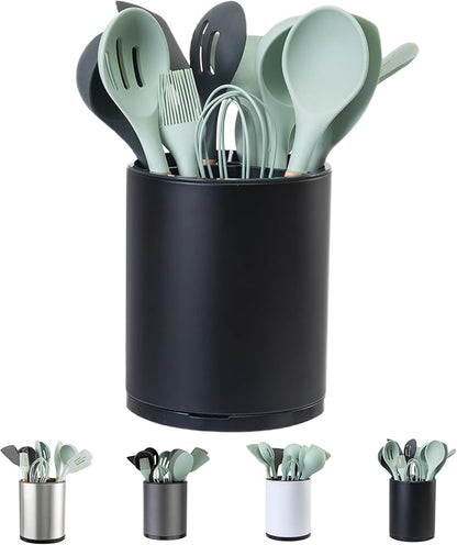 LIBODOUR Kitchen Utensil Holder Extra Large 360°Rotating For Counter Organizer Stainless Steel Storage Cooking Silverware Caddy 3 Compartment Flatware Spoon Spatula Tool Cutlery Container（Black）