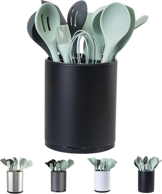 LIBODOUR Kitchen Utensil Holder Extra Large 360°Rotating For Counter Organizer Stainless Steel Storage Cooking Silverware Caddy 3 Compartment Flatware Spoon Spatula Tool Cutlery Container（Black）