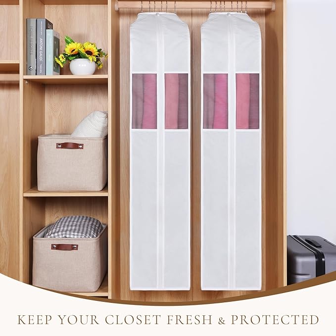 Univivi Premium Cotton Garment Bags for Hanging Clothes and Storage, 60 Inch Washable Dress Bags for Gowns Long, Full Zipper Dust Cover with Extra Large 10" Gusset & Clear Window - 4 Pack