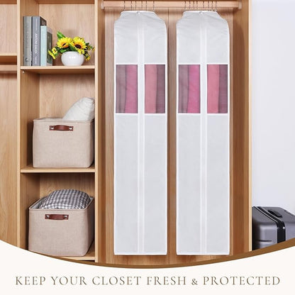 Univivi Premium Cotton Garment Bags for Hanging Clothes and Storage, 60 Inch Washable Dress Bags for Gowns Long, Full Zipper Dust Cover with Extra Large 10" Gusset & Clear Window - 4 Pack