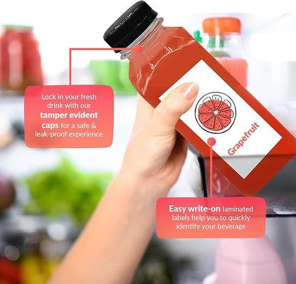 Reli. Plastic Juice Bottles (48 Pack, 12 oz) Square Plastic Juice Bottles with Caps & Sticker Labels | Clear, Empty for Juicing 12oz | Disposable, Smoothies