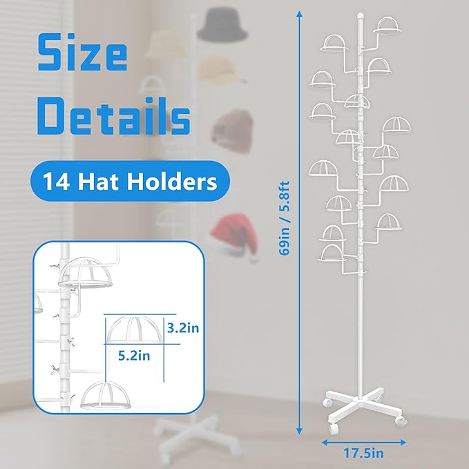 Montex Freestanding Hat Rack Stand, Metal Hat Organizer Rack with 14 Customisable Circular Hooks, Hats Tree Stand Floor Standing Hat Display, White