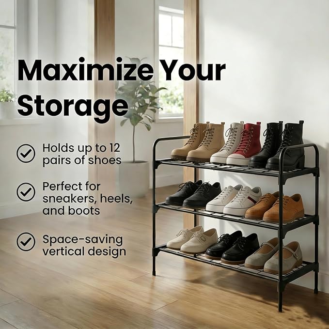 3-Tler Shoe Rack Organlzer, Rustproof lron, Spaclous Shoe Storage Shelf for Closet or Entryway, Fits Sneakers & Slippers, Black
