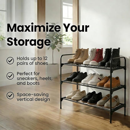 3-Tler Shoe Rack Organlzer, Rustproof lron, Spaclous Shoe Storage Shelf for Closet or Entryway, Fits Sneakers & Slippers, Black