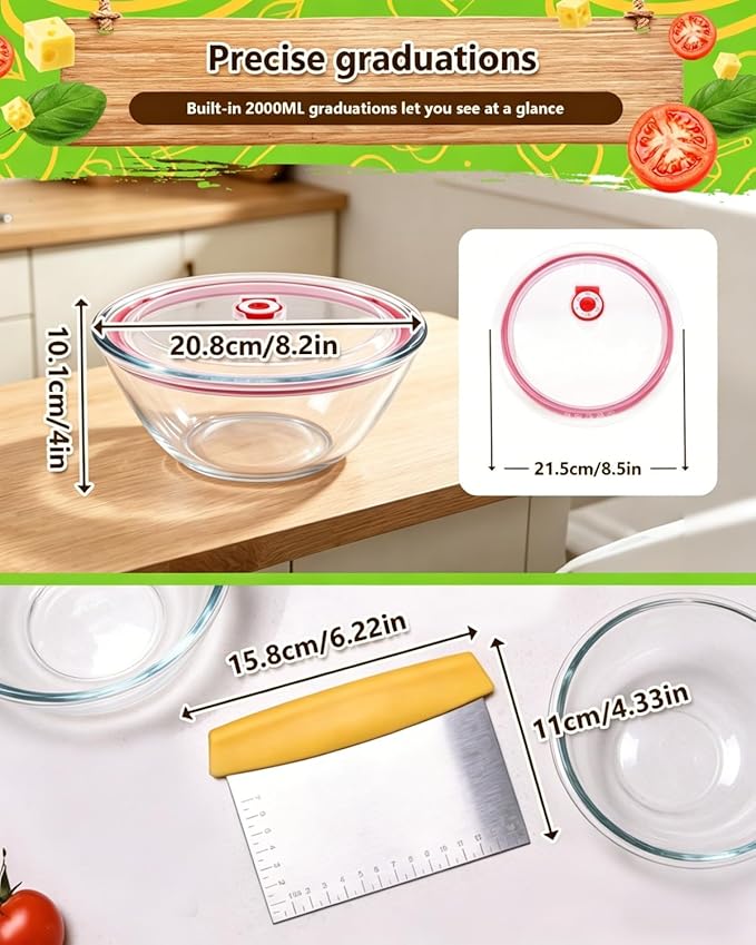 2 Pack Pizza Dough Proofing Container, 2000ML Glass Proofing Box with Clear Airtight Lid, Stackable Fermentation Storage for Dough Balls & Bread, Includes Cutter