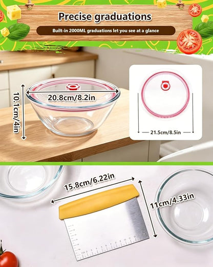 2 Pack Pizza Dough Proofing Container, 2000ML Glass Proofing Box with Clear Airtight Lid, Stackable Fermentation Storage for Dough Balls & Bread, Includes Cutter