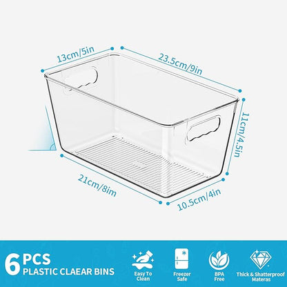 6 Pack Clear Pantry Organizer Bins, Fridge Organiser Set, Plastic Containers with Handle,Home Organization Must Haves for Kitchen,Freezer,Cabinet,Closet,Bathroom Under Sink Storage