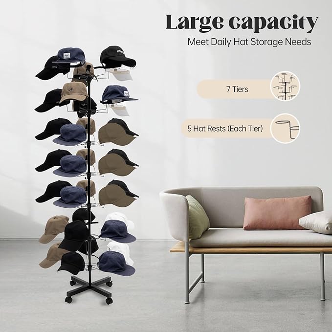 7-Tier Rotating Hat Display Rack Stand – Freestanding Metal Hat Organizer with 35 Cap Holders, Adjustable Height & Rolling Base, Space-Saving Standing Hat Rack for Baseball Caps, Cowboy Hats, Stores