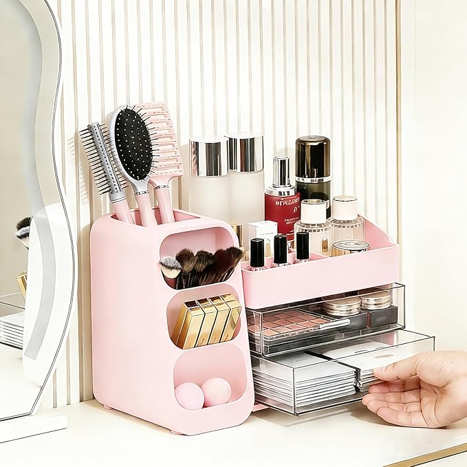 Makeup Organizer Countertop, Spacious Cosmetic Display Case with Makeup Brush Holder, Perfect Vanity Bathroom Organizer and Storage, Pink