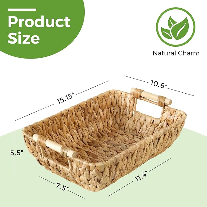 2 Pack Wicker Storage Baskets with Wooden Handles, Large Water Hyacinth Basket for Organizing Shelves, Natural Woven Storage Baskets for Snack, Gift