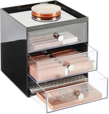 mDesign Makeup Organizer Storage Station Cube with 3 Drawers for Bathroom Vanity, Cabinet, Countertops - Holds Lip Gloss, Eyeshadow Palettes, Brushes, Blush, Mascara - Black/Clear