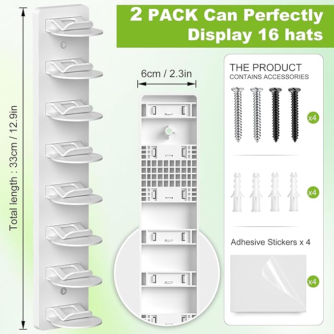 Haiou Hat Rack Hat Organizer for Baseball Caps Wall Mounted Hat Hanger Strong Adhesive Hat Hooks Hold up to 16 Hats for Home (Black+White)