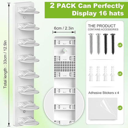 Haiou Hat Rack Hat Organizer for Baseball Caps Wall Mounted Hat Hanger Strong Adhesive Hat Hooks Hold up to 16 Hats for Home (Black+White)