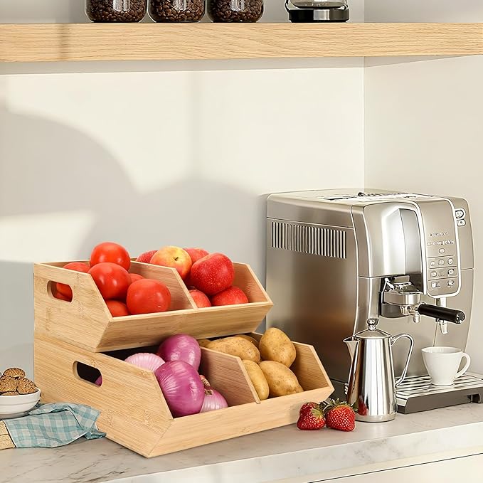 2 Set Pantry Organizers and Storage Bins, Bamboo Stackable Baskets for Potatoes, Onion, Bread, Vegetables - Bamboo Pantry Organizer Containers for Drawer, Cabinet, Countertop
