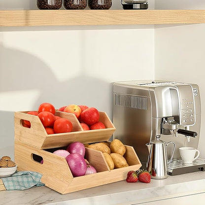 2 Set Pantry Organizers and Storage Bins, Bamboo Stackable Baskets for Potatoes, Onion, Bread, Vegetables - Bamboo Pantry Organizer Containers for Drawer, Cabinet, Countertop