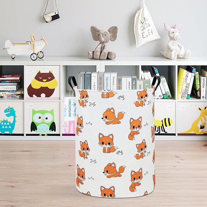 Laundry Basket Canvas Fabric Collapsible Organizer Basket for Storage Bin Toy Bins Gift Baskets Bedroom Clothes Children Nursery Hamper (Round Fox)