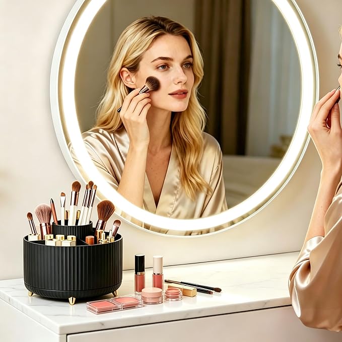 360°Rotating Makeup Brush Holder Organizer, Black Countertop Cosmetic Display Case, Spinning Skincare Storage Carousel for Vanity, Desktop & Bathroom