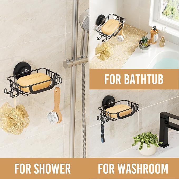 LEVERLOC Bar Soap Holder for Shower with Hoos, Suction Cup Soap Dish Rustproof Stainless Steel for Bathroom Accessories, Sponge Saver Black