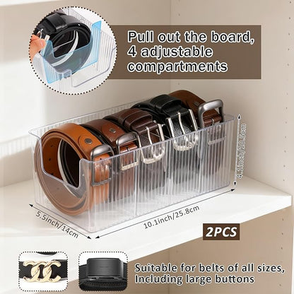 2-Pack Acrylic Belt Organizer for Closet & Drawer, Clear Belt Holder Display with 8 Detachable Compartments, Adjustable Storage Box for Belts, Ties, Bows, Wallets, and Jewelry