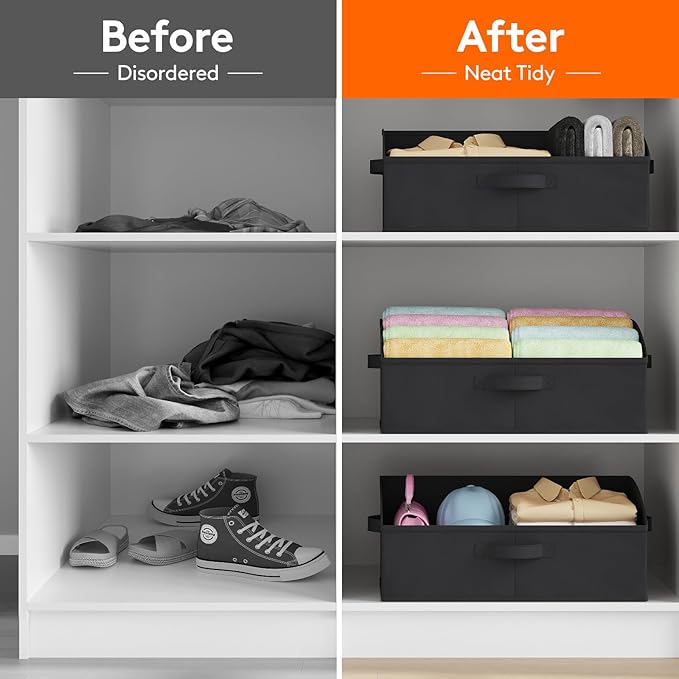 Lifewit Trapezoid Closet Storage Bins for Shelf, 6 Packs Non-woven Closet Organizer Baskets with Handles, Foldable Clothes Containers Boxes for Clothing, Book, Purse, 23L, Extra Large, Black