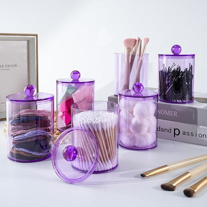 XIPENGKEJI 2 Pack Qtip Holder,Canister Apothecary Jar Set, Bathroom Jars with Lids Set for Cotton Swabs, Balls, Pads, Floss Picks,10oz-12oz Plastic Canisters Restroom Bedroom Vanity Organizer(Purple)