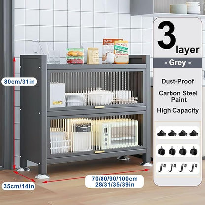3-Tier Bread Rack & Coffee Station Storage - Microwave Rack with Transparent Flip Door, Ideal for Kitchen, Office, Pantry & Garage - Gray, 80cm/31in