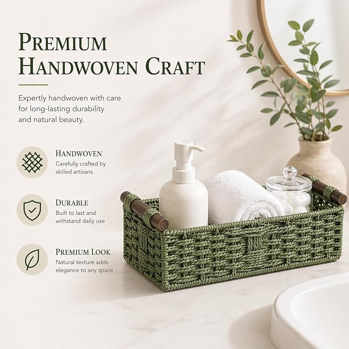 Sage Green Woven Bathroom Basket with Wood Handles — Toilet Paper Storage Organizer, Green Wicker Back of Toilet Basket, Boho Sage Green Bathroom Decor Tray for Tank Top or Shelf