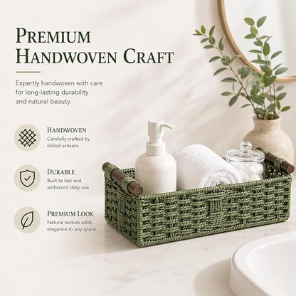 Sage Green Woven Bathroom Basket with Wood Handles — Toilet Paper Storage Organizer, Green Wicker Back of Toilet Basket, Boho Sage Green Bathroom Decor Tray for Tank Top or Shelf