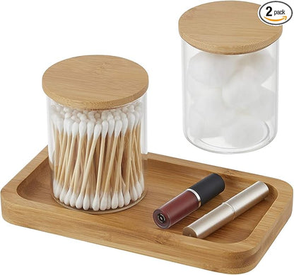 INIUNIK Qtip Holder with Bamboo Vanity Tray, Glass Apothecary Jars with Lids, Cotton Ball Swab Pad Rounds Holder Bathroom Canister Jars for Bathroom Restroom Decorations and Organizer