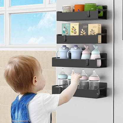 HuggieGems 4 Pack Magnetic Spice Rack Organizer for Refrigerator and Oven, Black Fridge Organizers and Storage for Kitchen