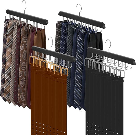 4 Pack Tie Rack and Belt Hanger 2 in 1, Wooden Tie Organizer for Closet with 20 Foldable Hooks, Space Saving Necktie Holder and Belt Organizer, Black
