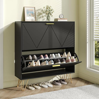 JOZZBY Black Shoe Cabinet for Entryway, Narrow Shoe Storage Cabinet with 2 Flip Drawers, Hidden Shoe Rack for Hallway, Living Room