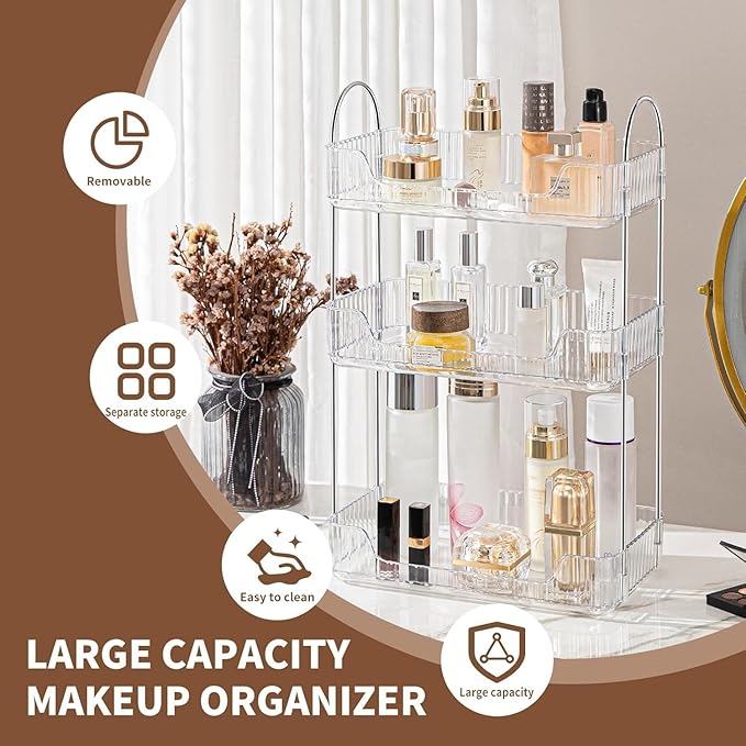 Bathroom Organizer Countertop, Vanity Trays, Skincare Makeup Organizer Shelf, Counter Shelf for Cosmetics, Toiletries, Lotions, Perfumes (3 Tiers, Clear)