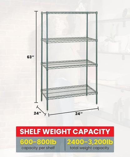 Quantum Storage Systems WR63-2424P-5 Wire Shelving Starter Kit, 24" W x 24" D x 63" H, 600 lbs Capacity, Carbon Steel, Epoxy Coated, Green, NSF