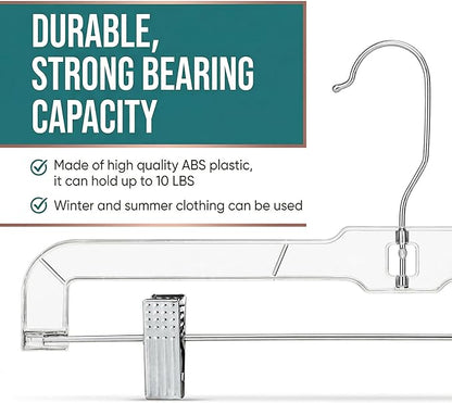 HOUSE DAY 120 Pack Clear Pants Hangers with Clips, Plastic Skirt Hangers for Women, 14 Inch Clip Hanger for Pants, Skirts, Jeans, Shorts, Legging, with 360-degree Swivel Hook, 2 Adjustable Clips