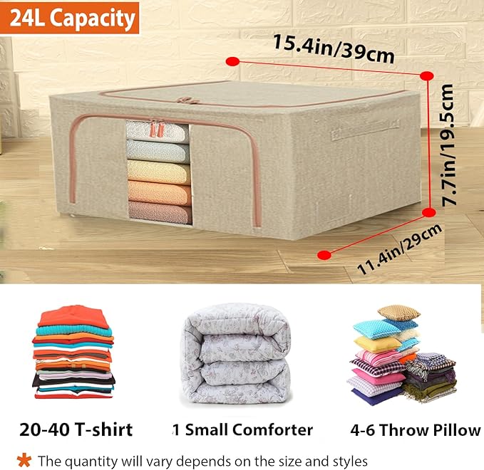 Linen Clothes Storage Bags, Sturdy Closet Organizers and Storage Bin with Hold Shape Metal Frame, 2 Opening Ways Fabric Visible Lidded Storage Box for Organizing Clothing,Bedding (2 Pack, 24L)