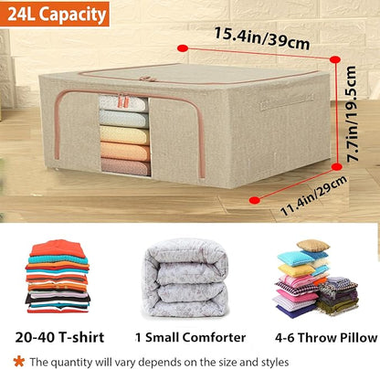 Linen Clothes Storage Bags, Sturdy Closet Organizers and Storage Bin with Hold Shape Metal Frame, 2 Opening Ways Fabric Visible Lidded Storage Box for Organizing Clothing,Bedding (2 Pack, 24L)