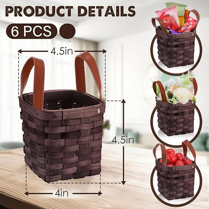 Rtteri 6 Pcs 4.5x4.5x4 in Small Wicker Baskets with Handles Wood Woven Empty Wicker Baskets for Gifts Small Square Storage Organizing Bags Pantry Party Container(Dark Brown)